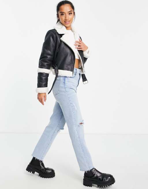 Black cropped clearance pu aviator jacket