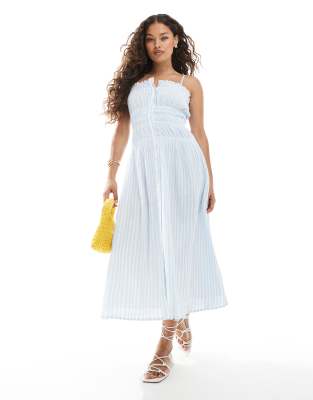Miss Selfridge Petite shirred body button through maxi dress in blue stripe - view 1
