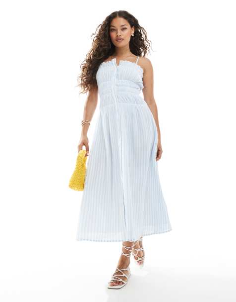 Miss Selfridge Petite shirred body button up midaxi dress in blue stripe - view 1
