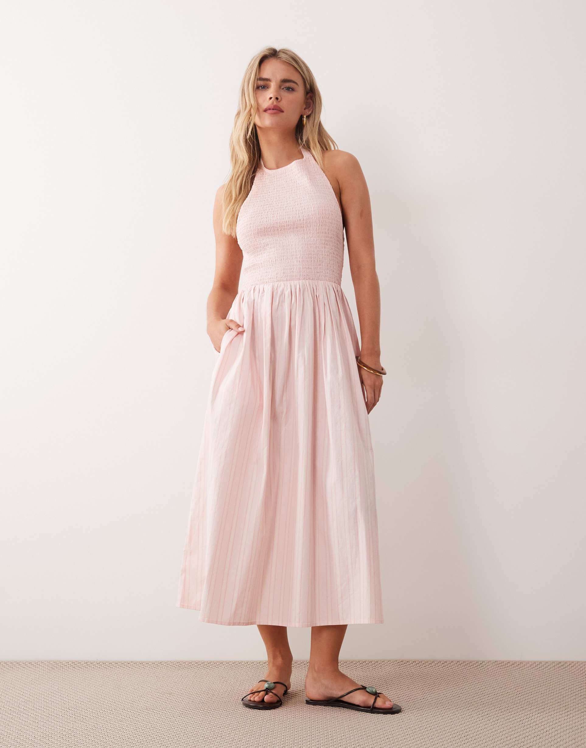 miss selfridge petite shirred halter maxi dress in pink stripe