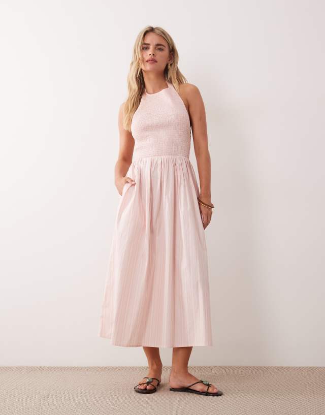Miss Selfridge Petite shirred halter maxi dress in pink stripe