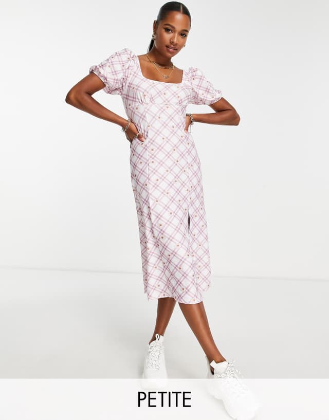 Miss Selfridge Petite shirred midi dress in floral gingham