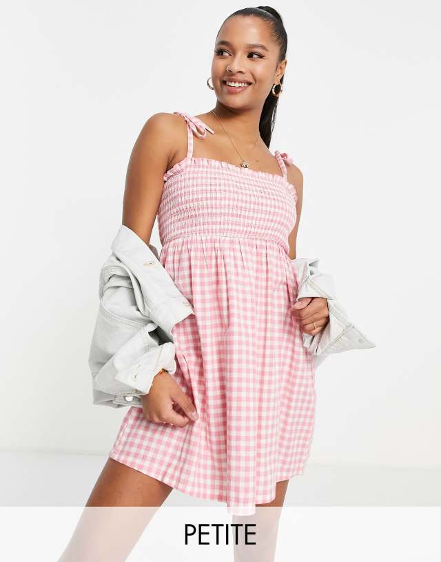 Miss Selfridge Petite shirred tie strap sundress in pink gingham