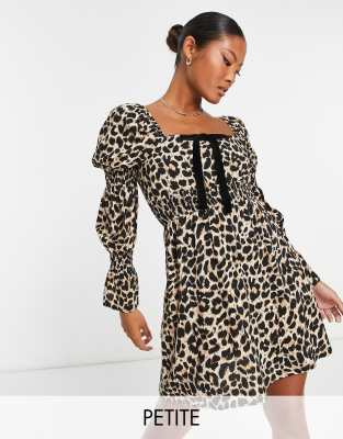 Miss Selfridge Petite Shirred Waist Bow Detail Mini Dress In Animal-brown