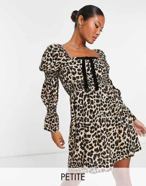 Miss Selfridge Petite shirred waist bow detail mini dress in animal | ASOS