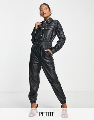 Miss Selfridge Petite shirred waist faux leather jumpsuit in black