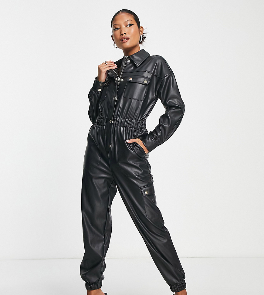 Miss Selfridge Petite shirred waist faux leather jumpsuit in black