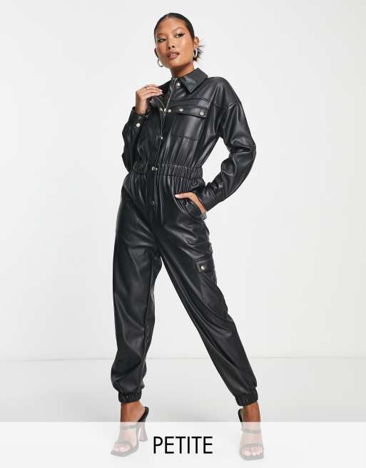 Black Leather Ruched Jumpsuit - sosorella