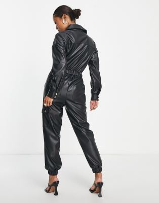 Miss Selfridge Petite shirred waist faux leather jumpsuit in black ASOS