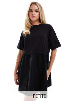 short sleeve poplin hybrid smock mini t-shirt dress in black