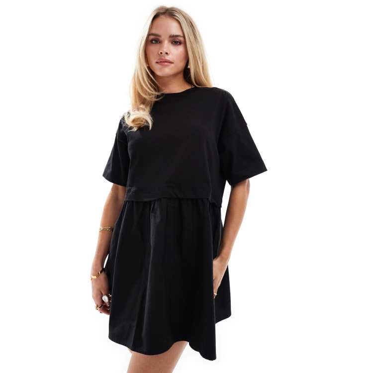 Miss Selfridge Petite short sleeve t shirt poplin hybrid smock mini dress in black ASOS