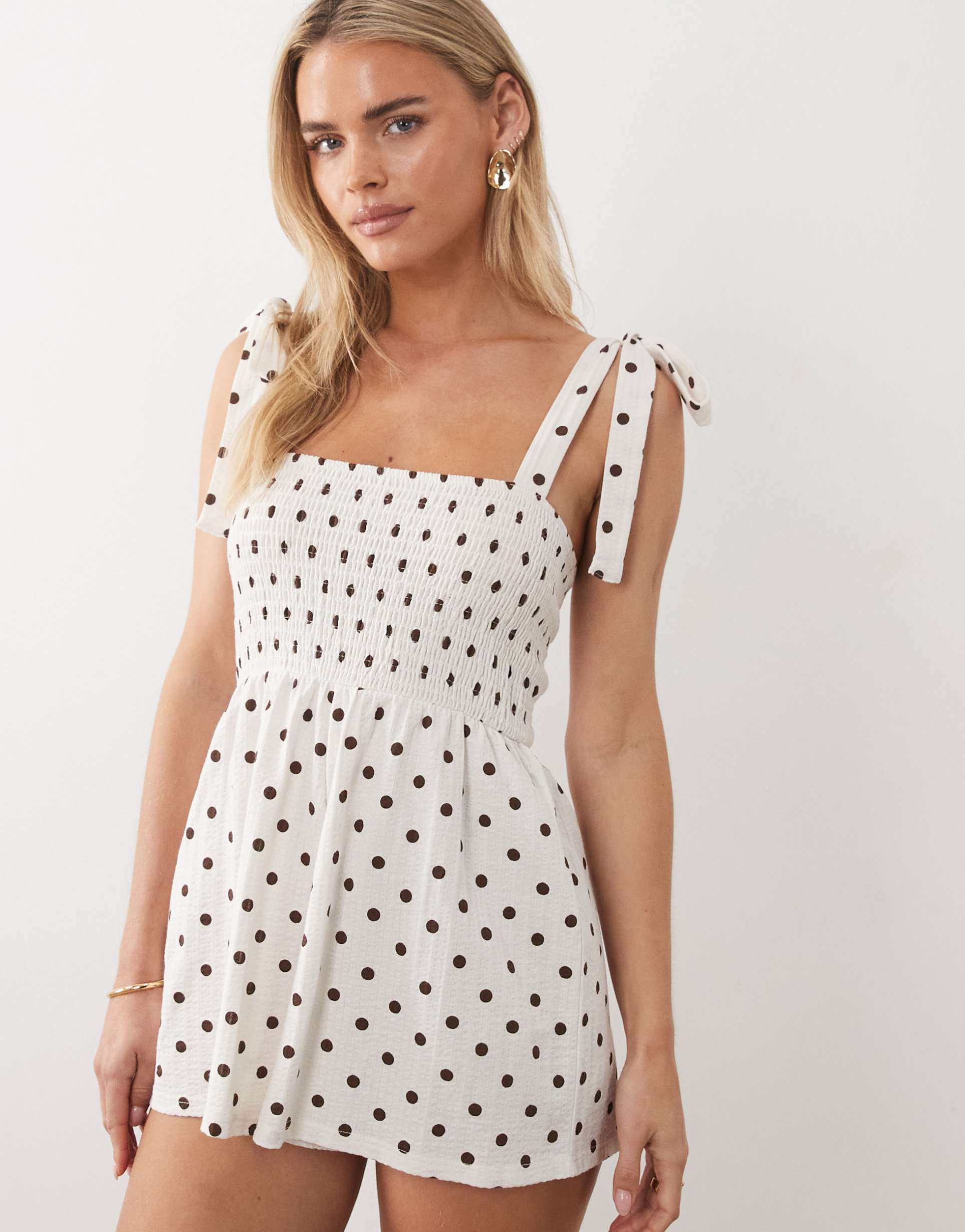 miss selfridge petite shoulder ties seersucker romper in polka dots