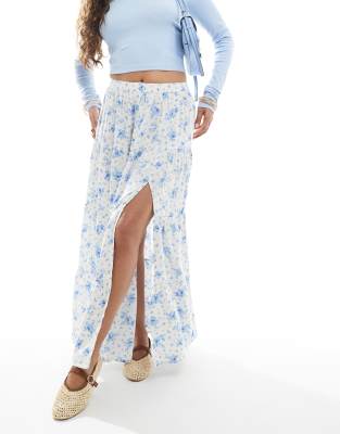 Miss Selfridge Petite side slit tiered maxi skirt in blue floral - view 1