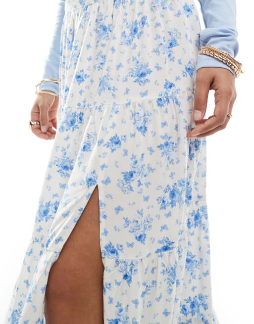 Miss Selfridge Petite side split tiered maxi skirt in blue floral, 5 of 5