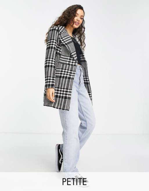 Miss Selfridge Petite - Slå om-frakke med sort/hvidt tern
