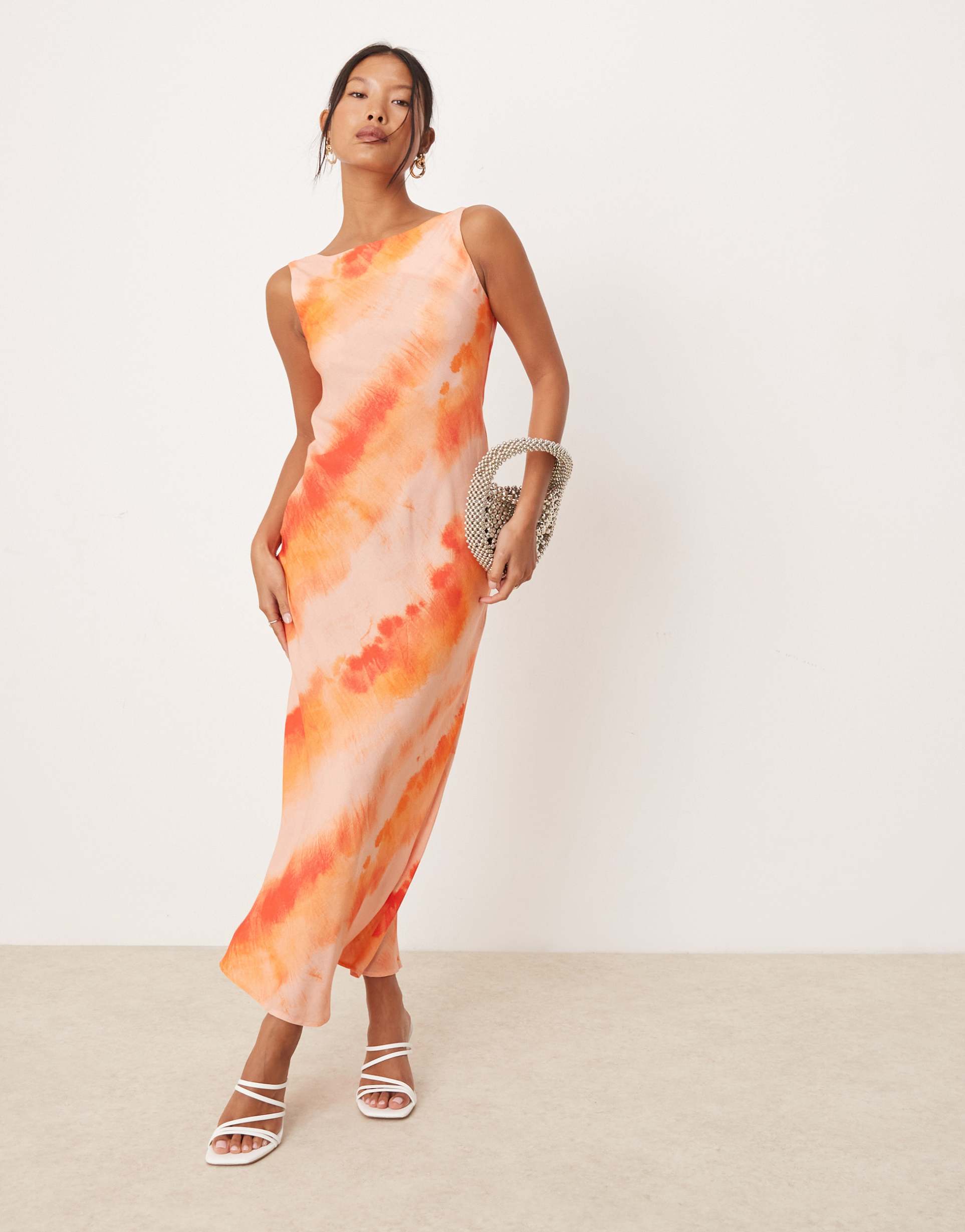miss selfridge petite slash neck scoop back maxi dress in orange tie dye print