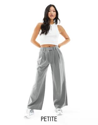 Miss Selfridge Petite Slouchy Wide Leg Pinstripe Pants With Extended Tab Detail In Light Gray