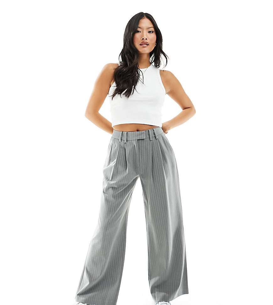 Miss Selfridge Petite Slouchy Wide Leg Pinstripe Pants With Extended Tab Detail In Light Gray