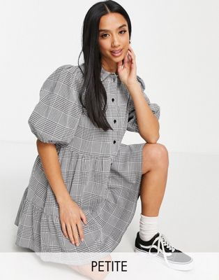 Miss Selfridge Petite smock shirt dress with puff sleeves in dogstooth check