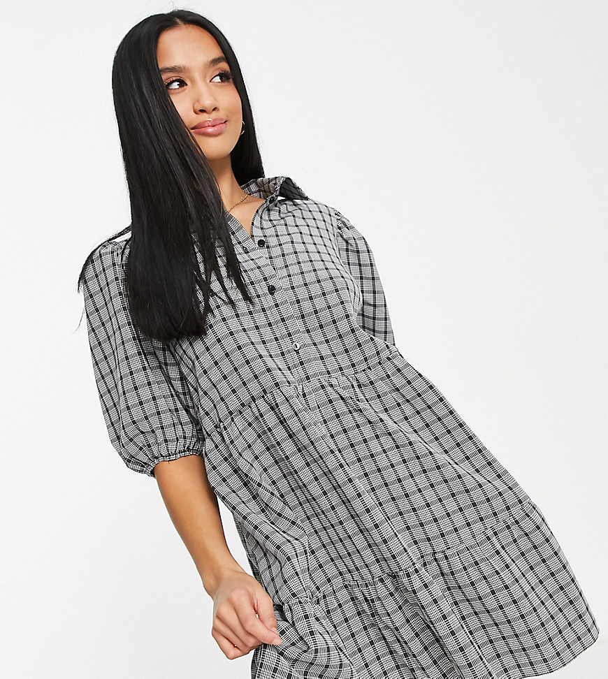 Miss Selfridge Petite smock shirt dress with puff sleeves in gray check-Multi