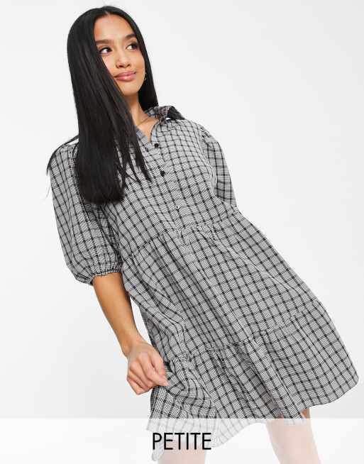 Miss Selfridge Petite smock shirt dress with puff sleeves in grey check ASOS