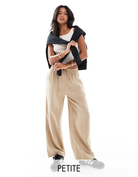 Miss Selfridge Petite soft touch pull on wide leg trouser in stone - view 1