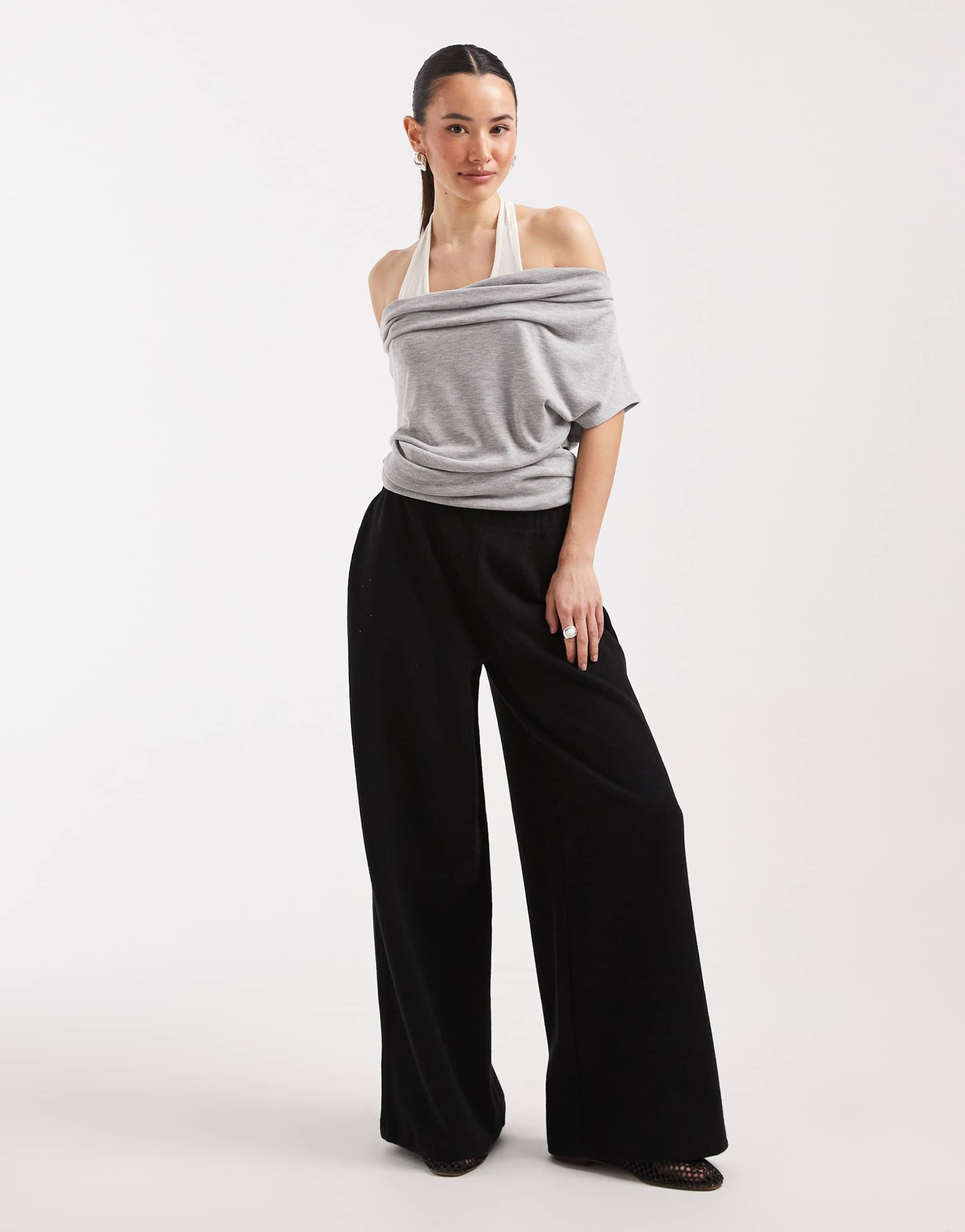 miss selfridge petite soft touch ribbed pants in black