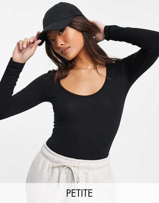 Miss Selfridge Petite - Sort bodystocking med dyb rund hals 