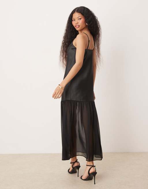 Miss Selfridge Petite - Sort maxikjole med sænket talje i satin, 3 af 4