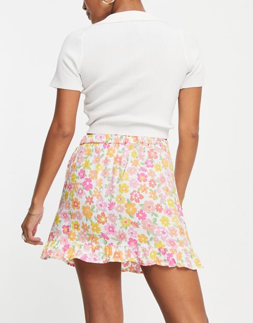 Miss Selfridge Petite split frill hem mini skirt in pink ditsy floral