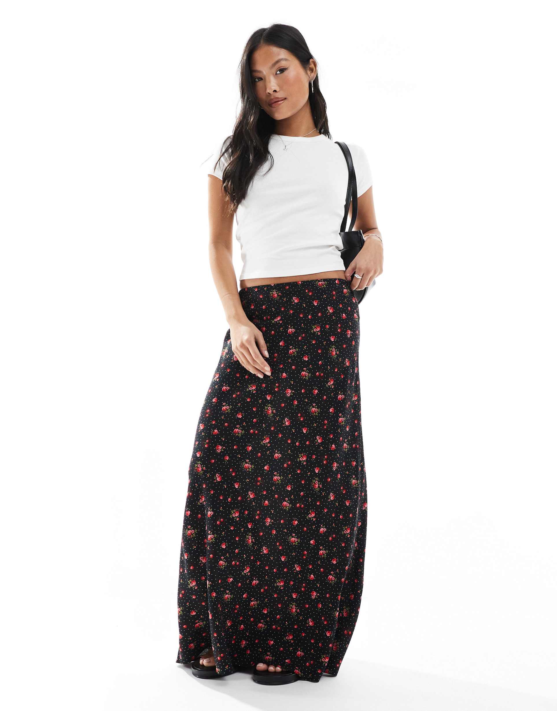 miss selfridge petite spun maxi skirt in black/heart print