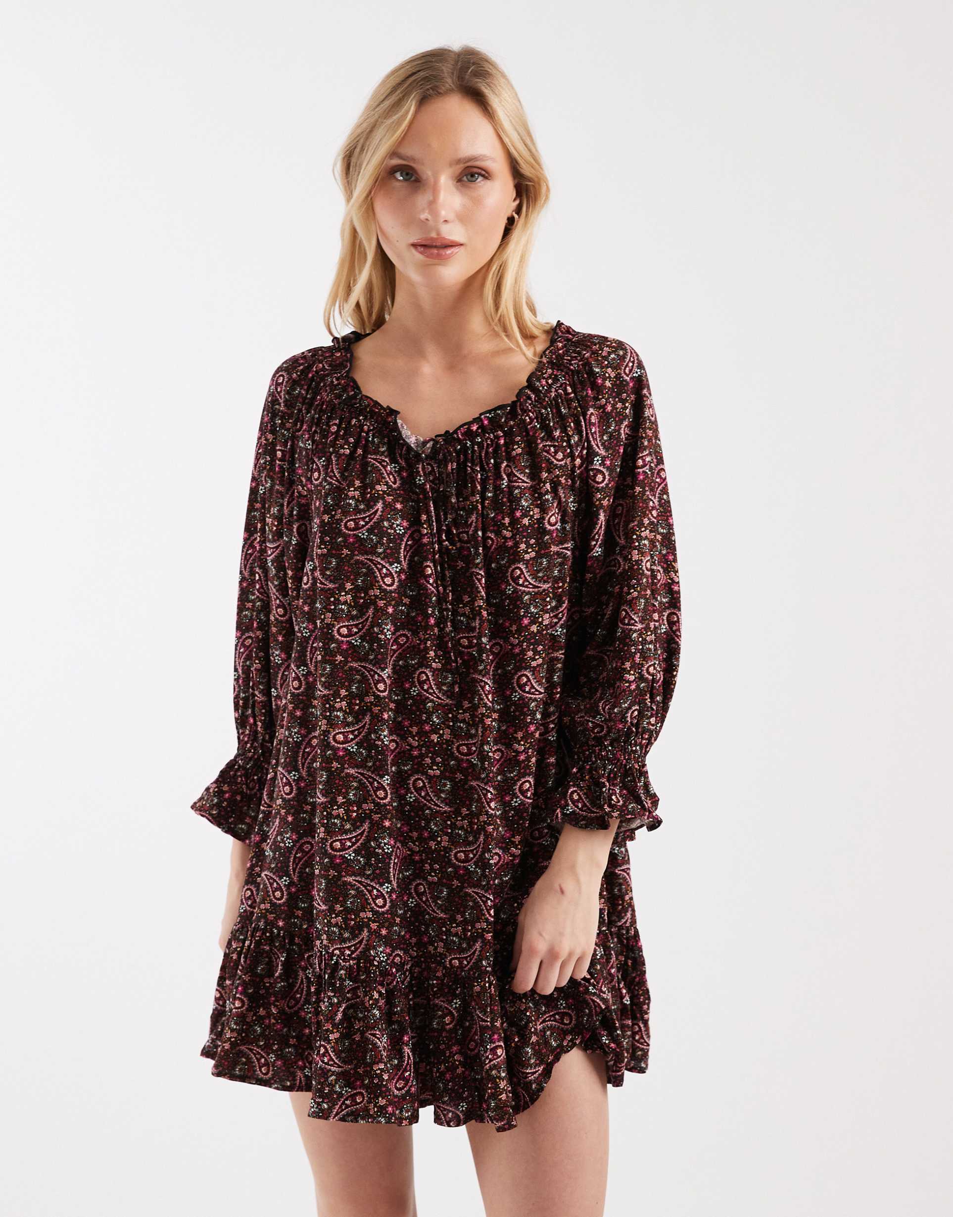 miss selfridge petite spun smock dress in paisley
