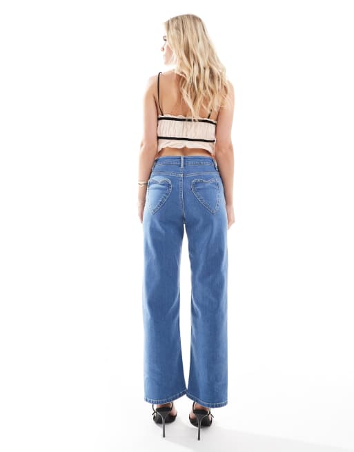 Miss Selfridge Petite heart pocket straight leg jean in light wash