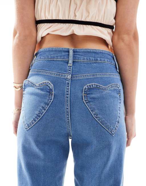 Miss Selfridge Petite heart pocket straight leg jean in light wash