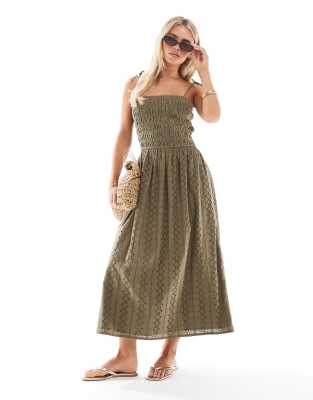 Miss Selfridge Petite strappy broderie maxi dress in khaki - view 1