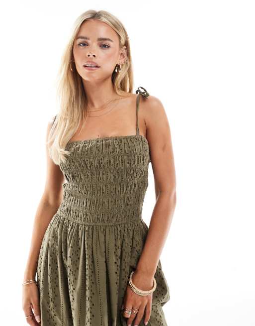 Miss Selfridge Petite strappy broderie maxi dress in khaki