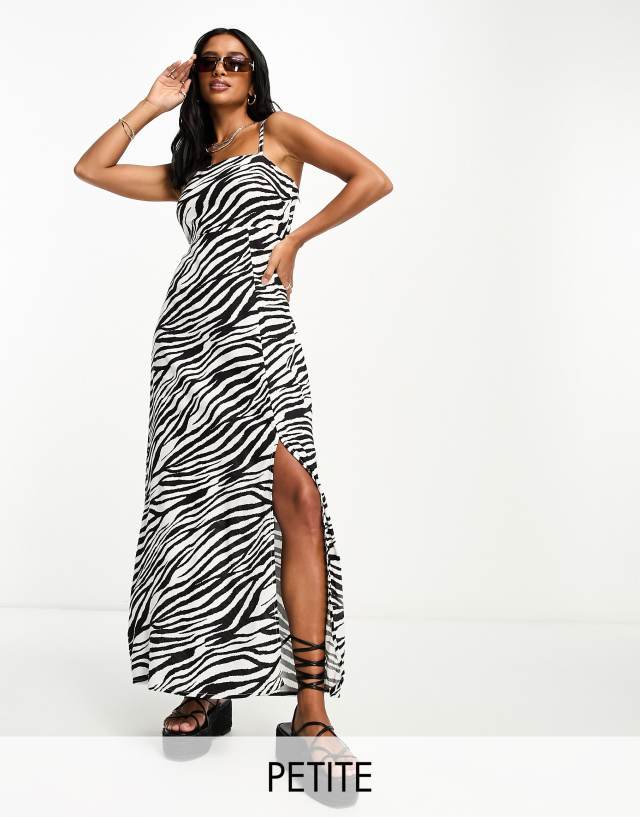 Miss Selfridge Petite strappy lace back maxi slip dress in mono zebra