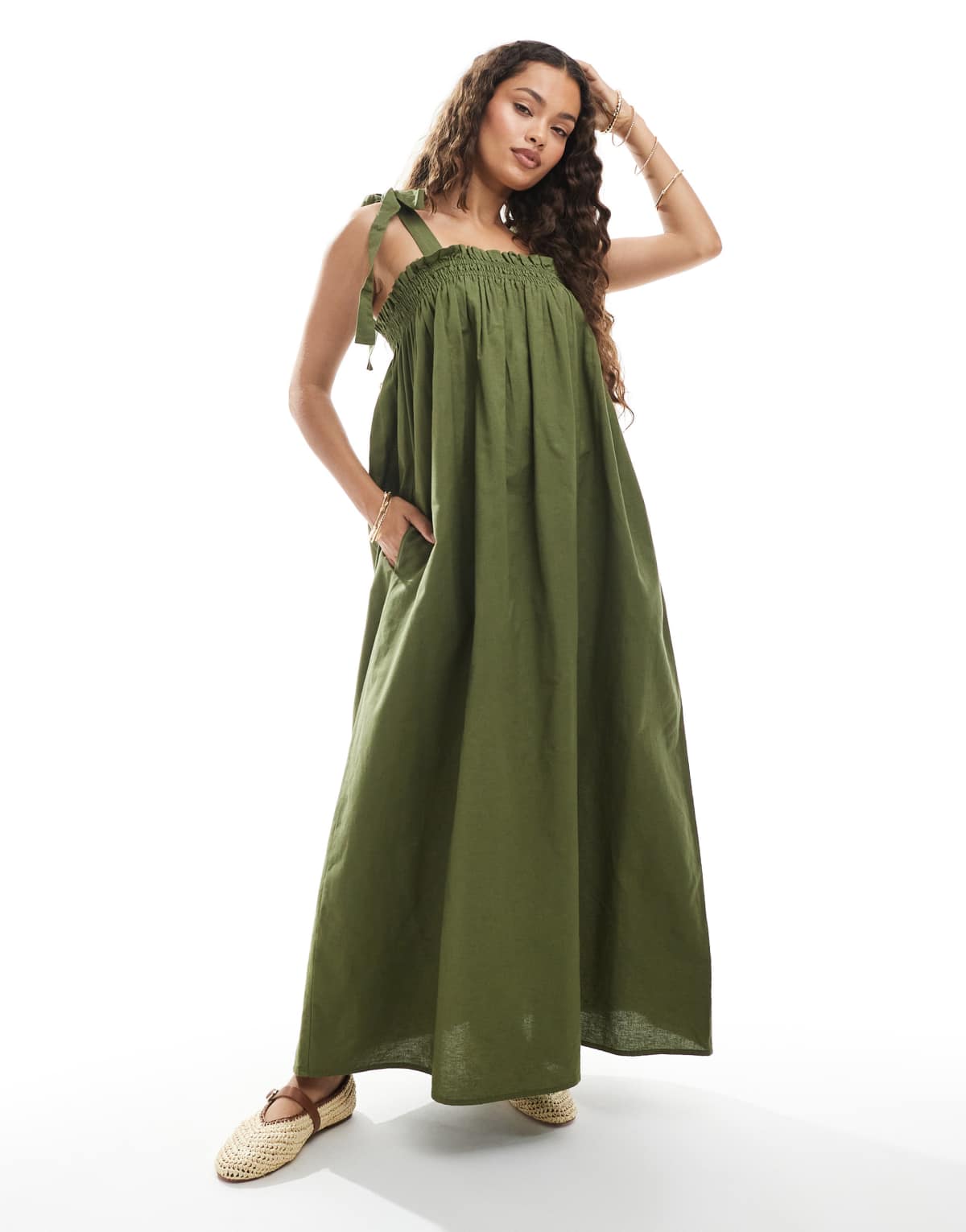 Miss Selfridge Petite strappy poplin maxi smock dress in olive