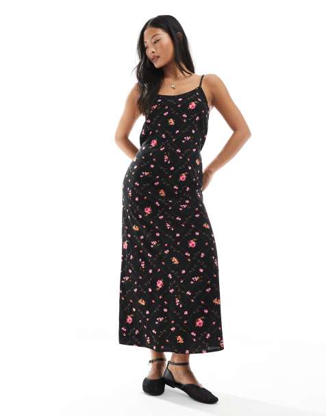 Miss Selfridge Petite strappy scoop neck maxi slip dress in black ditsy print - view 1