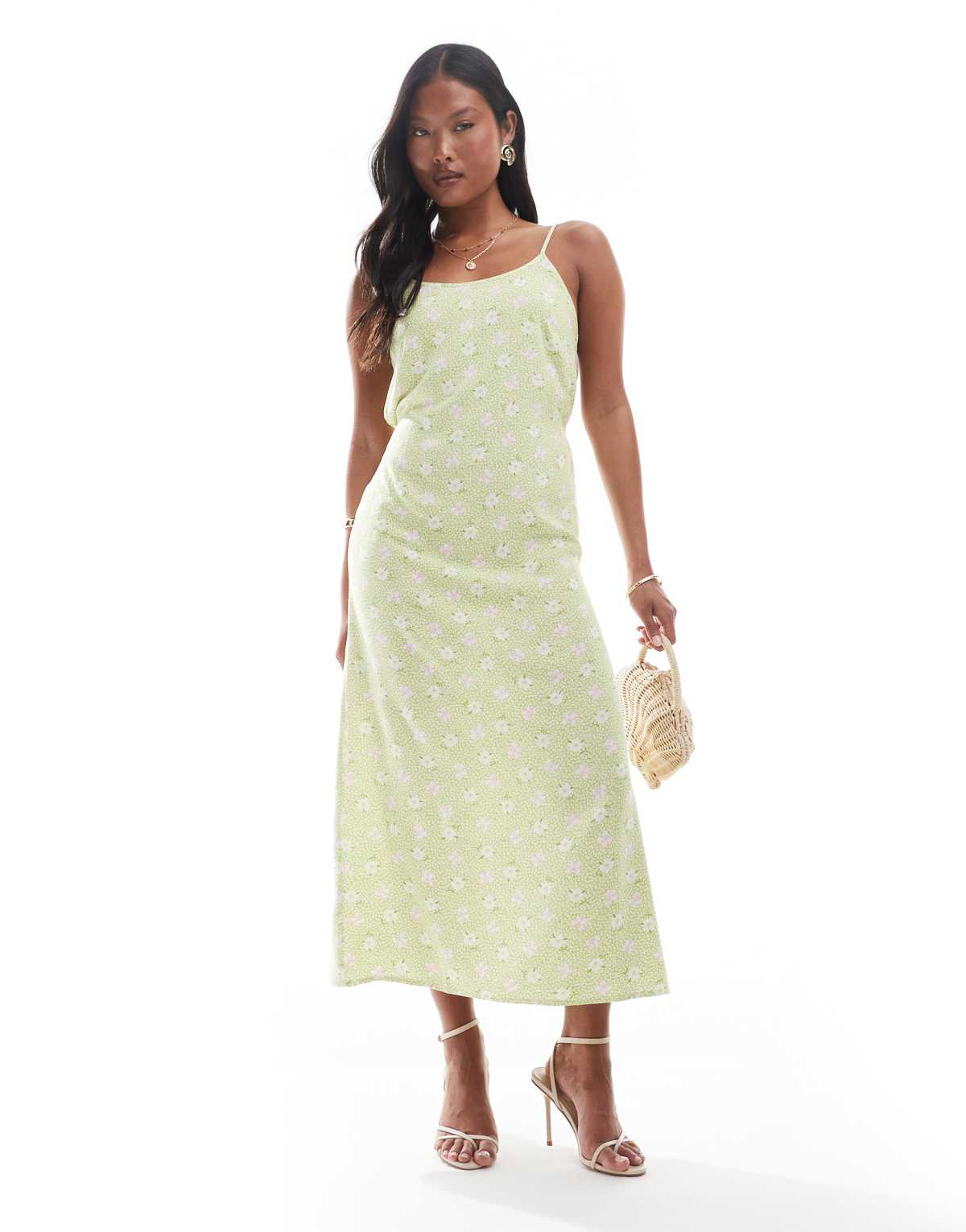 Miss Selfridge Petite strappy scoop neck maxi slip dress in green ditsy