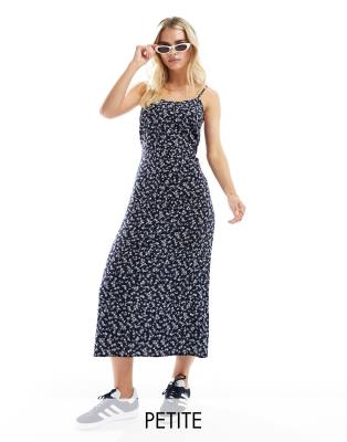 strappy scoop neck maxi slip sun dress in blue ditsy-Multi