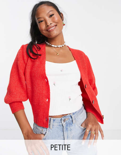 Miss Selfridge Petite – Strickjacke in Klatschmohnrot mit Puffärmeln