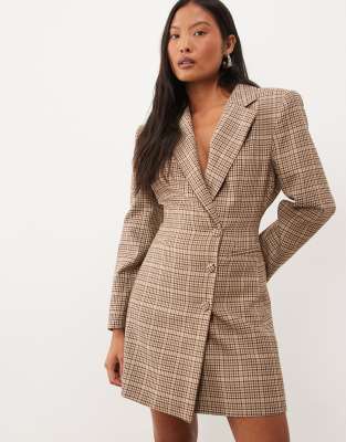 brown checked blazer dress Miss Selfridge Petite strong shoulder cinched in check Size:xs