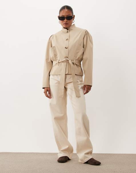 Miss Selfridge Petite strong shoulder high neck belted shorter length trench in stone - view 1