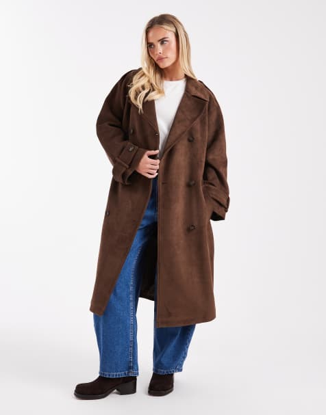 Miss Selfridge Petite suedette trench coat in chocolate - view 1