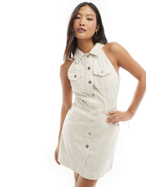 Miss Selfridge Petite – Sukienka koszulowa bez rękawów zapinana na guziki w kolorze ecru