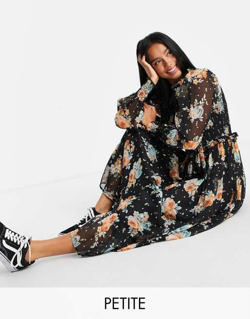 Miss Selfridge Petite – Sukienka midi w kwiaty z wysokim dekoltem i marszczoną górą