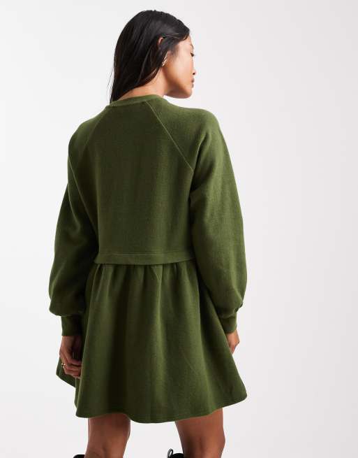 Miss Selfridge petite super soft brushed smock dress in olive, 4 of 4