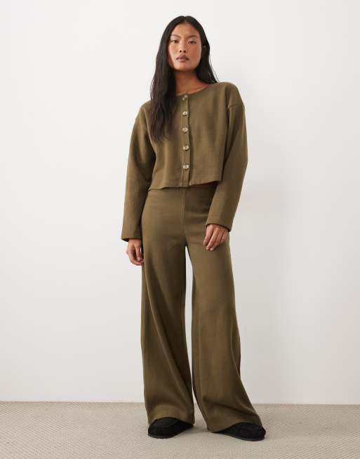 Miss Selfridge Petite super soft cardigan co-ord in olive, 3 of 4