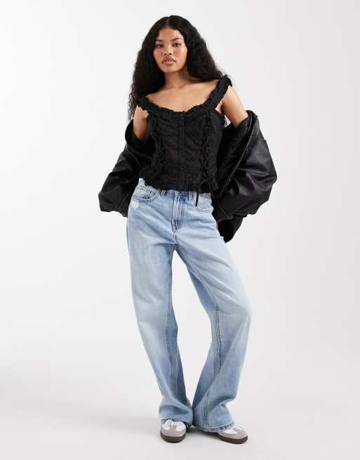Miss Selfridge Petite – Svart, broderad korsettopp i bomull, 3 av 4
